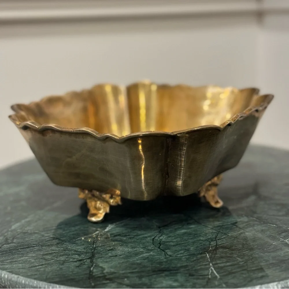Vintage   Brass Bowl  Gold Planter Footed Dish Segmented Scalloped